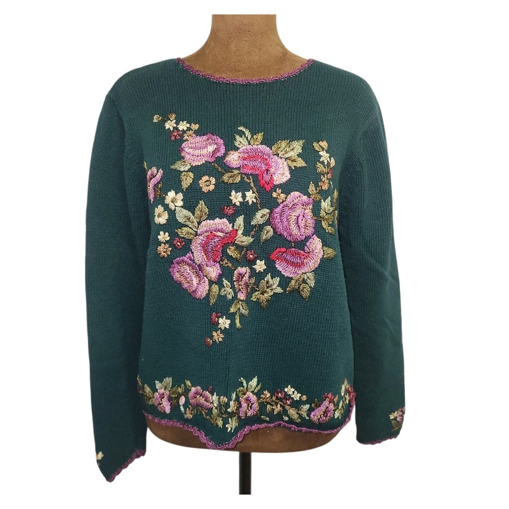 All Points Sweater Womens Size L Embroidered Floral 90s Cropped Dark Green Knit